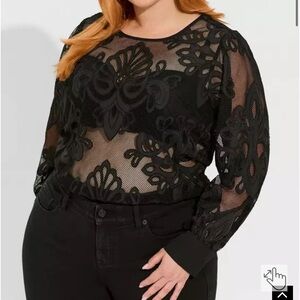 Torrid Mesh With Embroidery Long Sleeve Blouse Black